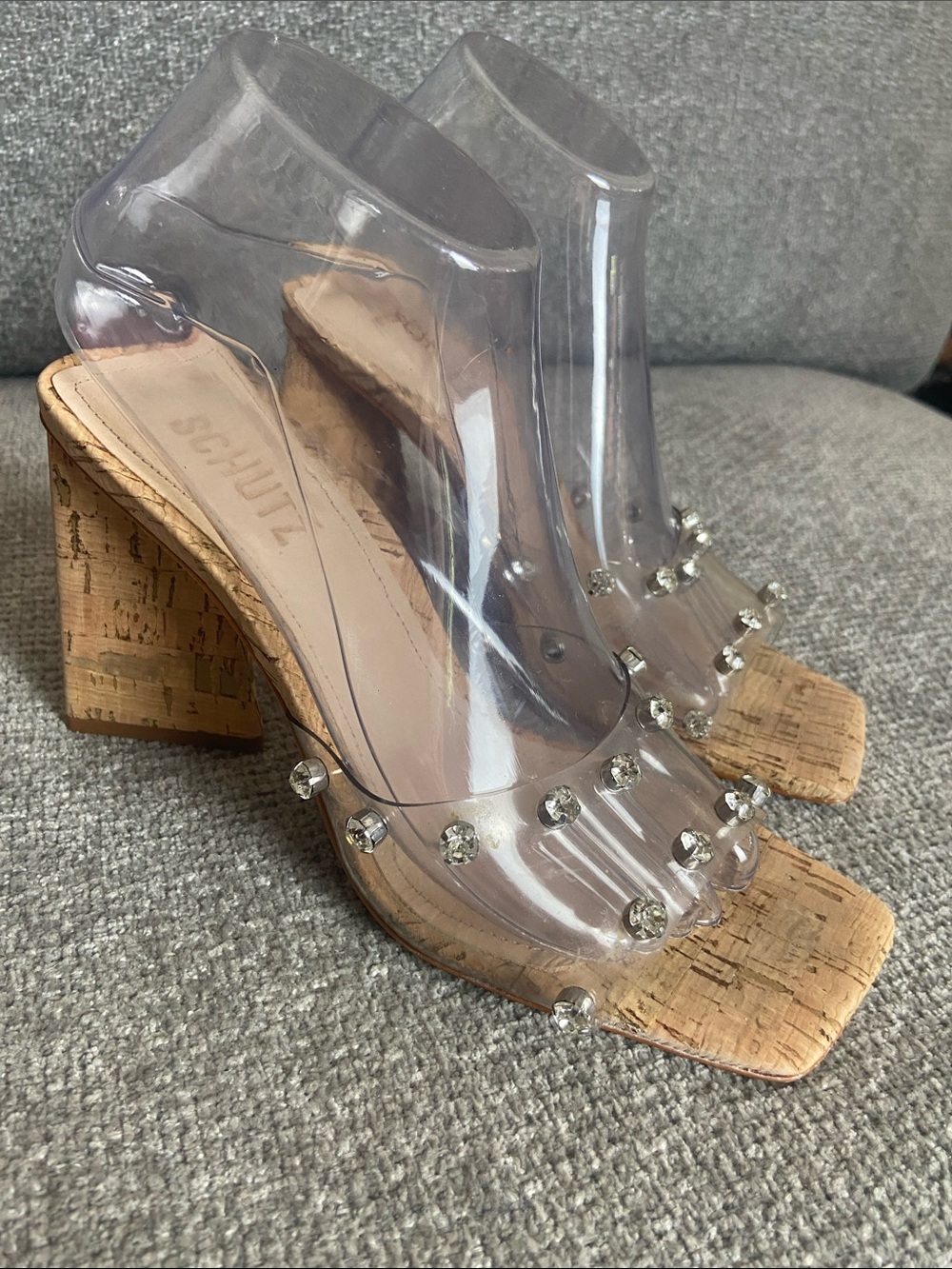 SCHUTZ Clear Crystal-Embellished Cork Block Heel Sandal size 8 B